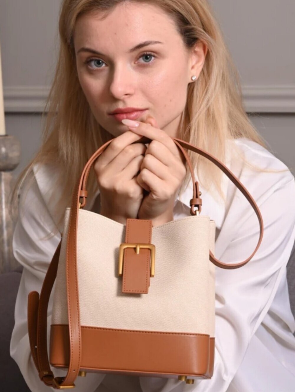 Rachel Zoe Canvas Buckle Bucket Crossbody Bag In Tan And Cream